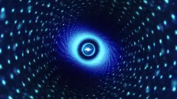 应用涡旋隧道旋转环路技术 对蓝色霓虹灯圆点进行了进一步的研究 3D无缝循环运动现代背景的过渡 Vj循环 技术动画 — 图库视频影像