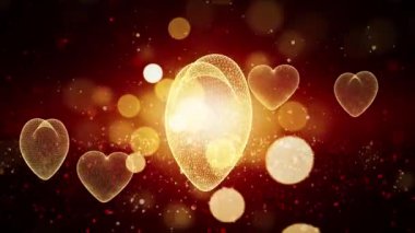 Altın şömine ve bokeh ile 4K 3D romantik klip videosu. Sevgililer Günü için Altın Parçacık Kalbi. Parlayan Parçacıklar ve Bokeh ile Soyut Parlayan Kalp Partisi Kusursuz Döngü Hareketi Arkaplanı
