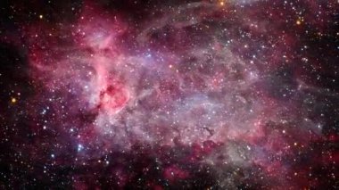 Büyük Carina Bulutsusu NGC 3372. Uzay uçuşundan yıldız alanı Galaksi ve Nebula derin uzay keşfine. NGC3372 'ye 4K 3D uçuş Büyük Nebula olarak da bilinir, Büyük Carina Nebulası. NASA tarafından döşenmiş..
