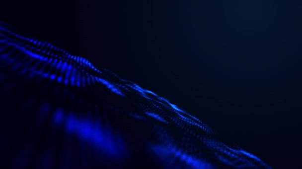 三维渲染技术深蓝色数字波背景的概念 4K无缝环路美丽的运动波点纹理与发光的非聚焦粒子 技术背景 — 图库视频影像