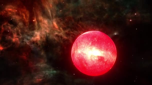 銀河明るい雲を持つ空間で大きな赤い惑星と一緒に旅行する 宇宙空間への宇宙飛行 4K星のフィールドに宇宙飛行の3Dレンダリング — ストック動画