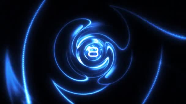 テクスチャトンネルの3Dレンダリングアニメーションを中心に青色の光で10秒から0秒のカウントダウン 未来的な技術の抽象的背景 ショーのオープナー スポーツイベント 映画予告編 Vj音楽 大晦日のカウントダウン — ストック動画