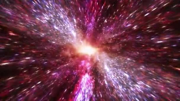 色彩斑斓的超空间光速空间飞行穿过时空虫洞隧道 摘要明亮的红色紫色流动能量涡旋 3D环Sci Fi星际旅行背景概念 — 图库视频影像