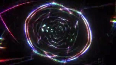 Teknoloji için matris tünelinde ilerleyen mavi ve kırmızı neon ışık yollarının kusursuz döngü animasyonu. Bilim, fütüristik, müzik videoları, performans, moda olayları soyut arkaplan.