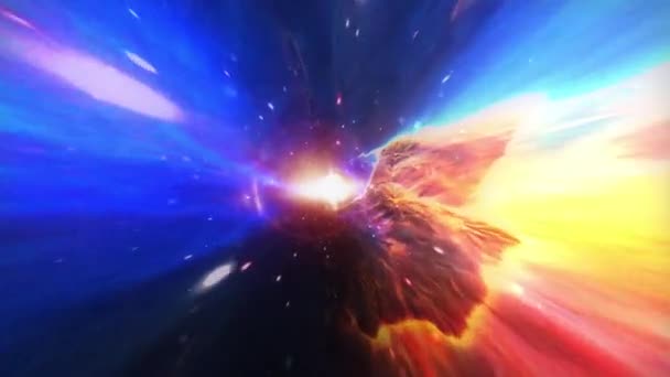 Résumé lumineux coloré bleu rouge hyperespace tunnel à travers l'espace-temps tourbillon fond de boucle. 4K 3D rendent la science-fiction voyage interstellaire à travers le vortex dans le cyberespace. Introduction à la technologie scientifique. Boucle VJ.