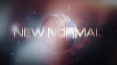 Yeni NORMAL Sinematik Karavan Başlığı Düğümü. 4K 3D, Altın YENİ NORMAL metninin kusursuz fütüristik başlığını şok dalgası patlaması ve sancak kampanyası arka planı için Dünya Küresi dönen işaret fişeği ışığıyla yorumladı.