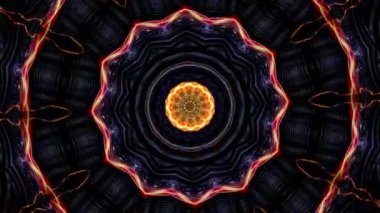 Renkli hipnotik desenli güzel animasyon görsel mandala ruhani rotasyonu ve kırmızı koyu mavi geometri ışığı. 4K 3D kusursuz döngü. Başlık için güzel parlak süs, geçiş, VJ döngü sahnesi..