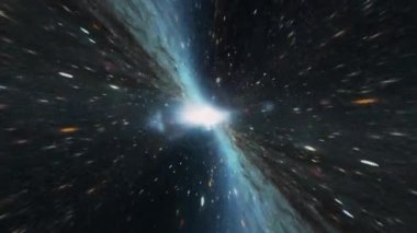 Uzay mavi orangutan zaman girdabında soyut hiper uzay tüneli. Warp girdabı 4K 3D bilim-kurgu yıldızlararası seyahat hiper uzaydaki solucan deliği boyunca. Süpernova ışığıyla sanal uzayda soyut ışınlanma hızı sıçraması.
