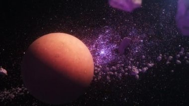 Uzayın soyut dış görüntüsü. Kahverengi kızıl gezegen dış uzay sahnesinde dönüyor. 4K Geleceğe Yolculuk Ölüm Gezegeni, garip çatlak yüzey gezegeni, evren, uzayda dönen üç boyutlu animasyon..