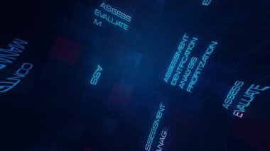 4K 3D sinematik Risk Yönetimi kelime bulut kavramı. Risk Yönetimi kelime etiketiyle modern fütürist dijital teknolojide metin animasyonu giriş başlığı fragmanı, reklam, iş sunumu için mavi ve kırmızı ızgara.