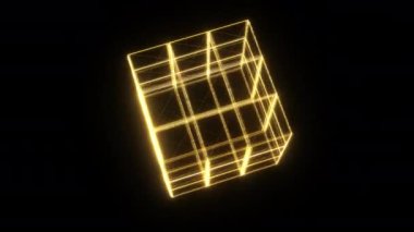 Geometrik parlayan altın kübik döngü hareketli hareketli hareketin soyut üç boyutlu görselleştirmesi. 4K Bilgisayar animasyonu kusursuz döngü. Siyah arkaplan ile modern arkaplan.