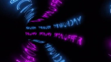 Pazartesi günü özel metnin neon dijital animasyonunun dijital animasyonu, giriş için 4K3D tünel animasyonsuz dikişsiz döngü efekti elementi olan başlık pankartında 3D uçmayı teklif ediyor. Renkli Oyun Konsolu Biçimi. 