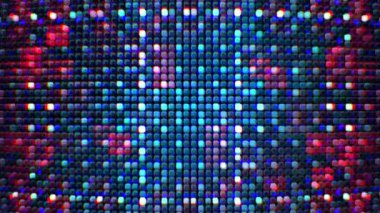 4K 3d soyut dijital teknolojiyi mavi ızgara çizgisine dönüştürmek mozaik fayans desen döngüsü hareketini bozar. Yanıp sönen küçük bir parlayan kare ve titreşimli elektrik hattı. Yüksek teknoloji fütüristik geçmiş