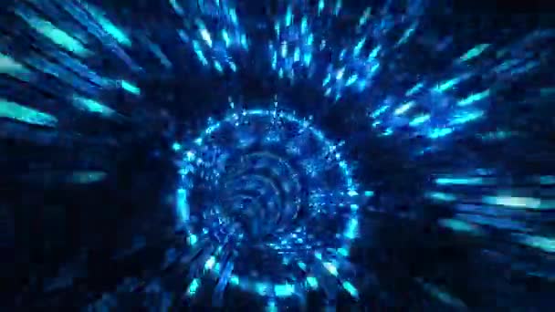 魔法闪烁 发光的飞行线路在隧道中的运动和明亮的蓝色数字未来矩阵光的效果 未来的霓虹灯背景 紫外线发光线 激光束 — 图库视频影像