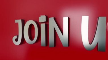 Kırmızı zemin üzerinde Katıl Bize animasyon efektinin 3 boyutlu krom kelime uçuşu. Giriş, başlık pankartı için bize katıl sözcüğünün 4K 3D animasyonu