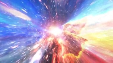 Soyut yıldızlar arası uçuş, renkli hiper uzay sıçraması Warp4K 3D Dipsiz Döngüsüz Hiper Tünel veya Solucan deliği Bilimi Dijital Arkaplanı. Tekillik, yerçekimi dalgaları ve uzay-zaman kavramı.