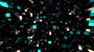 4K 3D, soyut dijital teknolojiyi mavi kahverengi ızgara çizgisine dönüştürerek mozaik karo döngü hareketini bozuyor. Yanıp sönen küçük parlayan karesi yanıp sönen elektrik hattı. İleri teknoloji fütüristik arka plan.