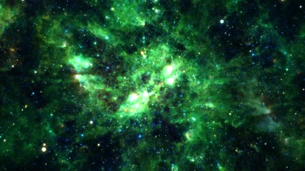 Zökkenőmentes Hurok Űrutazás Grunge Sötét Zöld Felhő Nebula Galaxis Feltárása — Stock videók