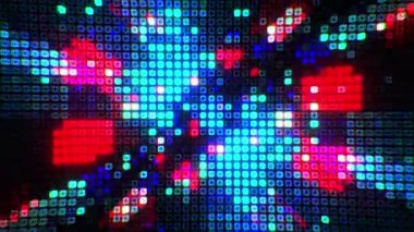 4K 3d soyut döngü parıltılı kırmızı mavi dijital teknoloji ızgara hattı mozaik kiremit döngü hareketini bozuyor. Yanıp sönen küçük bir parlayan kare ve titreşimli elektrik hattı. İleri teknoloji fütüristik arka plan.