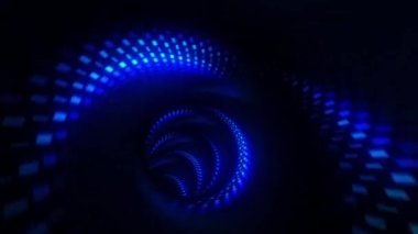 Soyut Döngü koyu mavi noktalar dijital fütüristik parlak uçan çizgiler hareket ediyor ve tünelde ışık dijital efektini aydınlatıyor. Fütürist neon arkaplan, morötesi ışıldayan çizgiler, lazer ışınları, ışık hızı