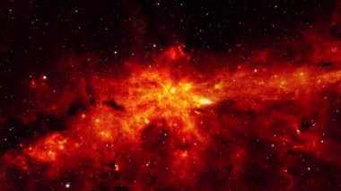 Uzay yolculuğu, derin uzayda kırmızı turuncu bulutsu samanyolu bulutu parlıyor. 4K 3D pürüzsüz bilim-kurgu uzay uçuşu parlayan enerji gazı bulutu nebulası. Galaksi astronomi araştırması.