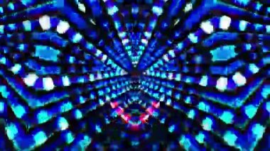 Sonsuz döngü renkli parlak mavi neon ışıklardan oluşan döner tünel. 4K Soyut dijital tünel sektörleri. Siber renkli öncü duvar ve dönüşümlü parlak animasyon. Geometrik VJ döngüsü. Teknoloji geçmişi 
