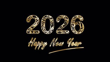 2026 Happy New Year golden text shine flickering light effect animation on black background. Happy New Year text with looping flickering gold glowing light texture. Isolated alpha channel Apply prores 444