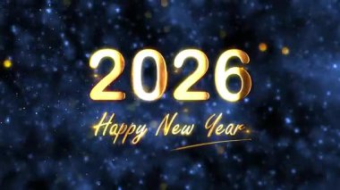 2026 Mutlu Yıllar 'ın altın yazıları siyah soyut arkaplan üzerindeki kısa sinematik başlığı silmek için ışık efekti bulanıklığı