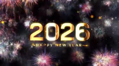 2026 Mutlu Yıllar altın metin ışık efekti havai fişek ve parlak bokeh parçacıkları siyah soyut arkaplanda akıyor