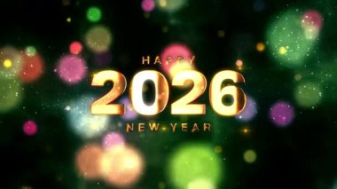 2026 Mutlu Yıllar altın metin ışık efekti havai fişek ve parlak bokeh parçacıkları siyah soyut arkaplanda akıyor