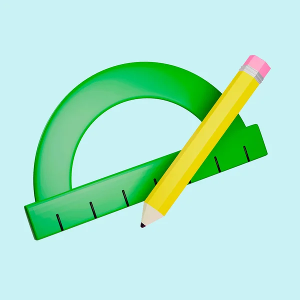 pencil draws lines with a protractor. Creates corners from geometry. 3d illustration