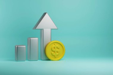 Finansal başarı kavramı. Yukarı doğru gümüş ve altın para grafiği. 3d illüstrasyon