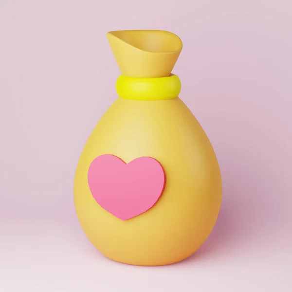 3d icon - a bag of money and a heart for charity. 3d illustration