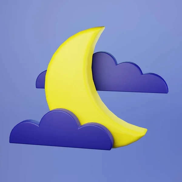 Crescent moon and cloud icon on the night sky. 3d illustration