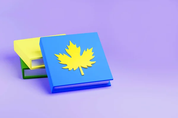 Φωτεινή Στοίβα Από Μπλε Και Κίτρινα Βιβλία Κίτρινο Φύλλο Σφενδάμου — Φωτογραφία Αρχείου