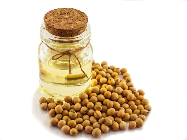 Soy oil bottle and soy bean of isolated — Stock Photo, Image