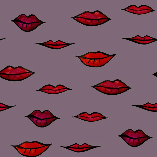 Seamless Large Size Raster Pattern Watercolor Drawings Lips Red Pink — Stock Photo, Image