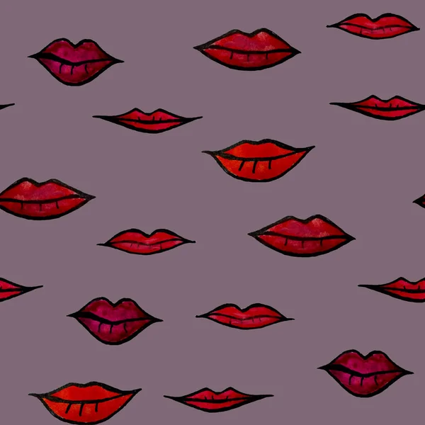 Seamless large-size raster pattern with watercolor drawings of lips in red and pink shades on a lilac background. For fabric, for umbrellas and wrapping paper. For pastel linen and children\'s clothin