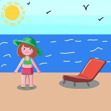 Sahilde, kırmızı şezlongda, güneşin altında, deniz kenarında, yeşil şapkalı, kırmızı ve yeşil mayo giymiş küçük bir kız resmi. Tebrik kartı, poster, davetiye, çocuk kitabı için.