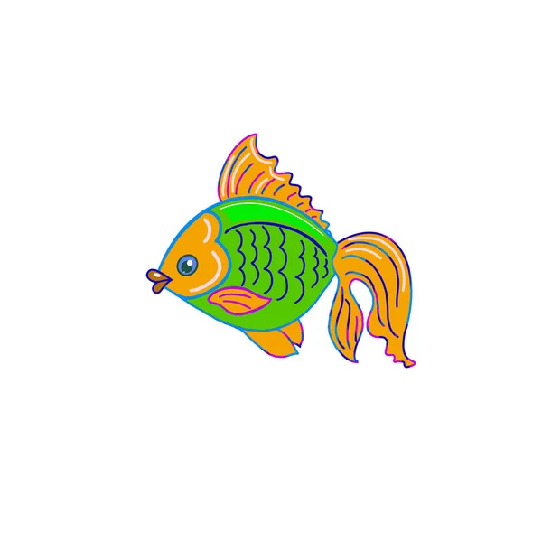 Colorful Cartoon Single Bright Green Aquarium Fish Orange Tail Fins — Stock Photo, Image