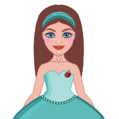 Kırmızı broşlu yeşil elbiseli, beyaz arka planda fular takan, çizgi film stili bir kız tasviri. Kartpostal, reklam, kapak, poster, çıkartma, Avatar, Logo, çocuk kitabı