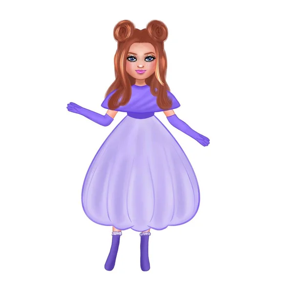 Illustration Girl Brown Hair Festive Lavender Dress Gloves Shoes White — Stock Photo, Image