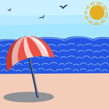 Sahilde, deniz kıyısında, mavi gökyüzüne ve güneşe karşı duran kırmızı beyaz bir plaj şemsiyesi tasviri. Kartpostallar, posterler, kartlar, davetiyeler, çıkartmalar, broşürler için mükemmel.