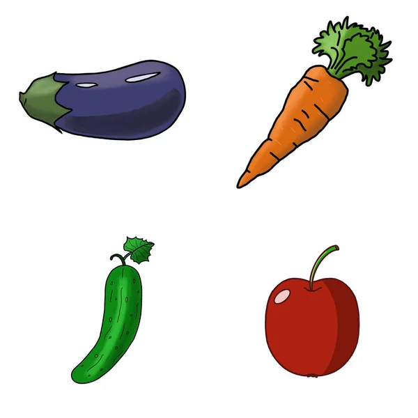 Set Illustrations Depicting Separate Apple Eggplant Cucumber Carrot White Background — Stock Photo, Image