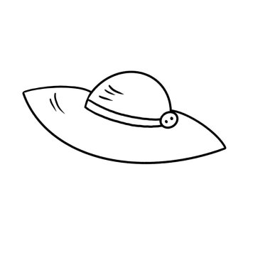 Beyaz arka planda geniş kenarlı, kurdeleli kadınlar için siyah bir plaj şapkası çizimi. Broşürler, kartpostallar, posterler, reklamlar, sunumlar için.