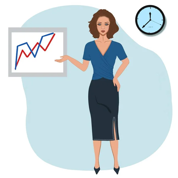 A business woman standing at the presentation board is working in a cozy office, against the background of a wall clock. For a guide, checklist, presentation, advertisement, booklet
