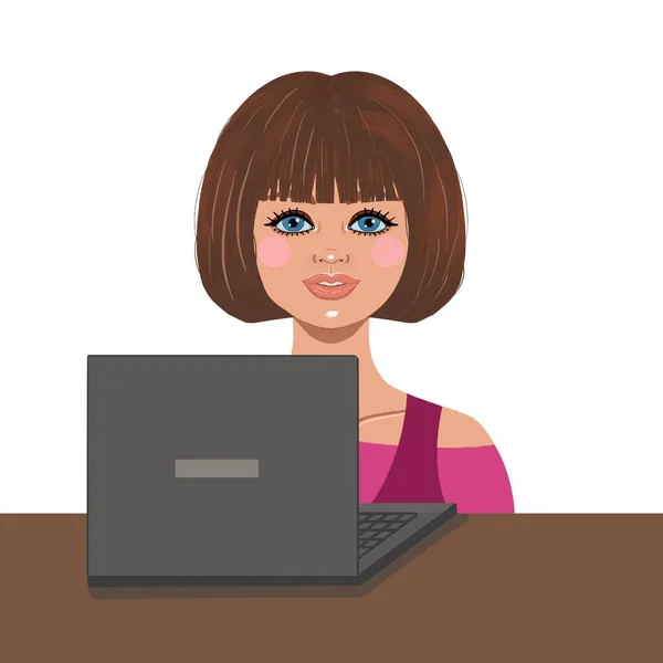 Eine Geschäftsfrau Sitzt Einem Tisch Mit Einem Computer Rosafarbenen Shirt — Stockfoto