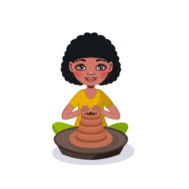 Beyaz arka planda çömlekçi çarkı olan koyu tenli küçük bir kızın portresi, çocuklar için kil modelleme dersi, yaz kampında tatiller. Sunum, reklam, kitapçık, çocuk kitabı