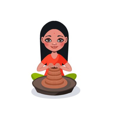 Beyaz arka planda çömlekçi çarkı olan küçük bir Hintli kızın portresi, çocuklar için kil modelleme dersi, yaz kampında tatiller. Sunum, reklam, kitapçık, çocuk kitabı