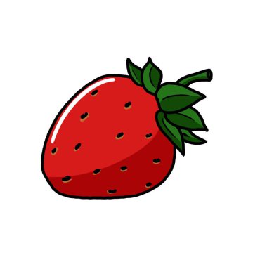 Beyaz arka planda yaprakları olan parlak kırmızı bir çileğin çizimi. Baskı, kumaş çizimi, duvar kağıdı, arkaplan, menü, broşür, broşür, broşür, kartpostallar, davetiyeler için ideal